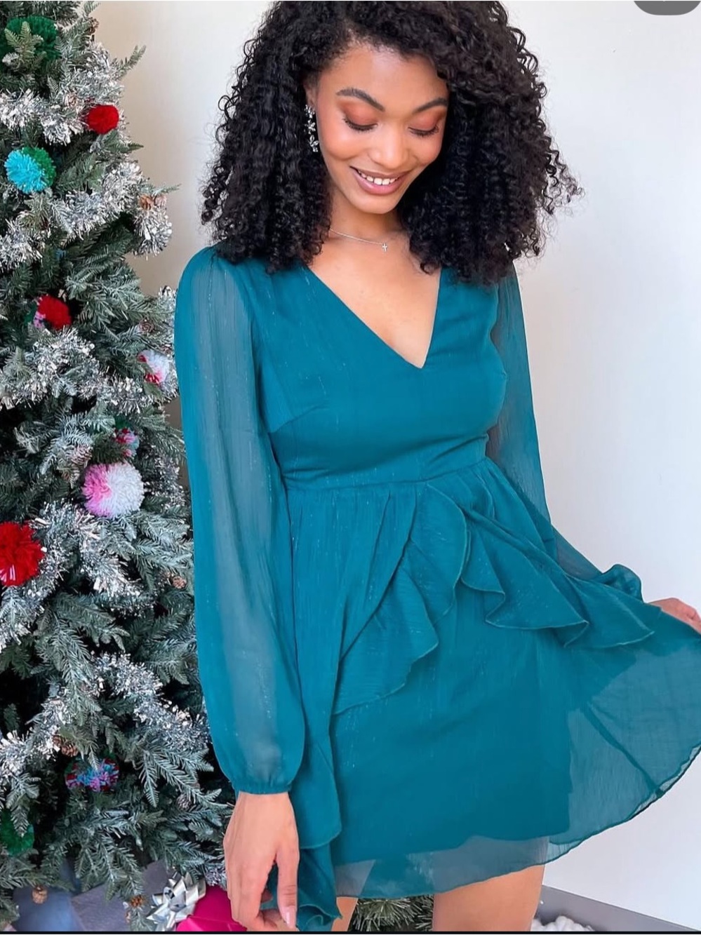 NWT Altar’d State Keelie Dress ruffle green metallic sparkle M